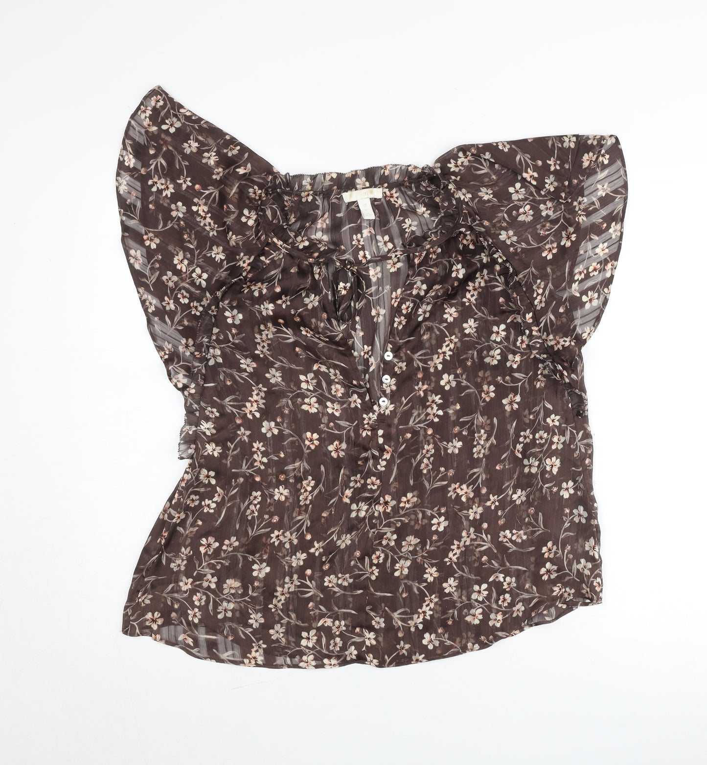 H&M Womens Brown Floral Chiffon Blouse Size 8 Flutter Sleeve