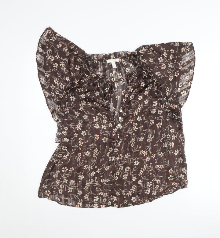 H&M Womens Brown Floral Chiffon Blouse Size 8 Flutter Sleeve