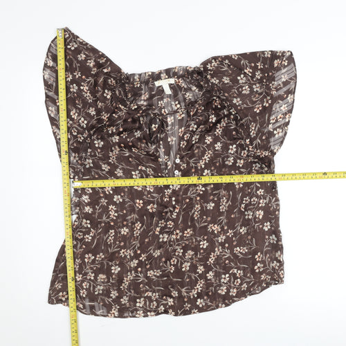 H&M Womens Brown Floral Chiffon Blouse Size 8 Flutter Sleeve