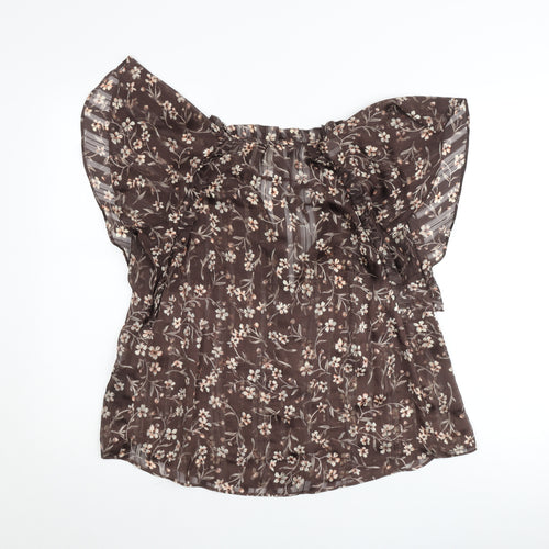 H&M Womens Brown Floral Chiffon Blouse Size 8 Flutter Sleeve