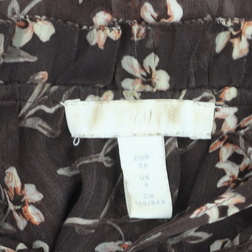 H&M Womens Brown Floral Chiffon Blouse Size 8 Flutter Sleeve