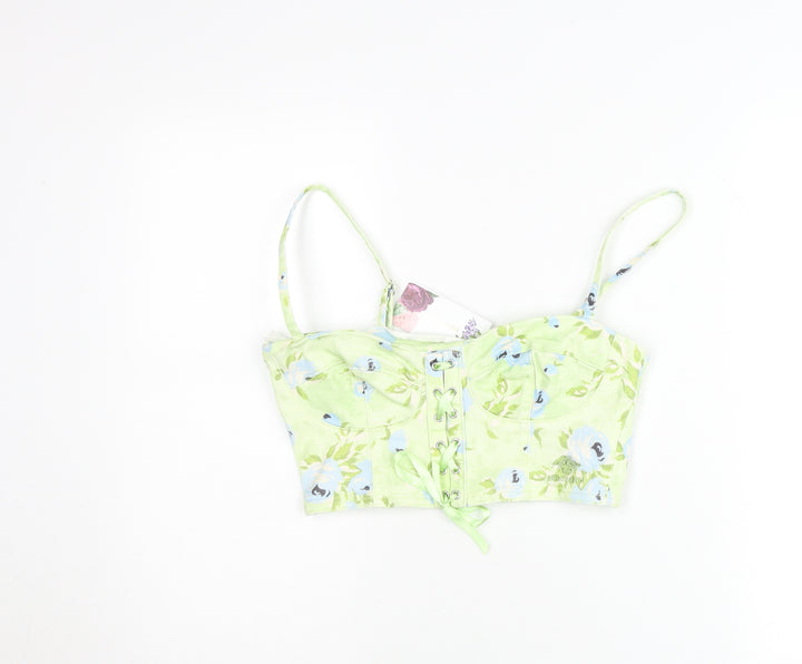 Stradivarius Women Green Floral Cropped Tank Top Size 8 Bridgerton