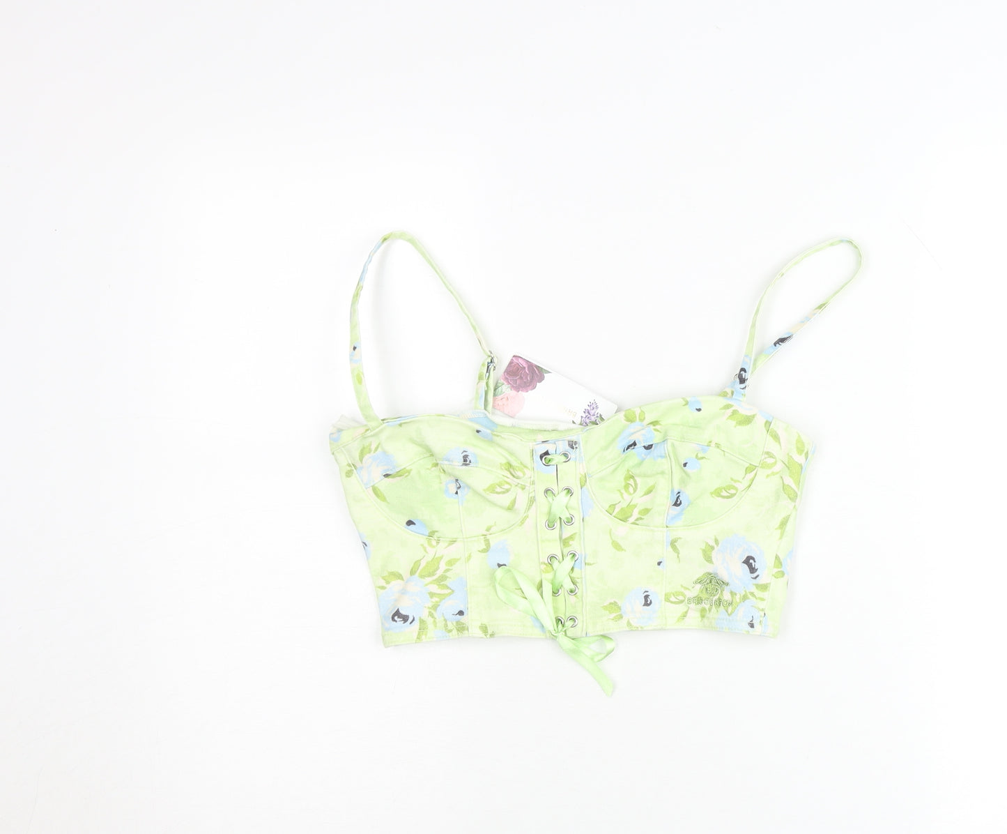 Stradivarius Women Green Floral Cropped Tank Top Size 8 Bridgerton