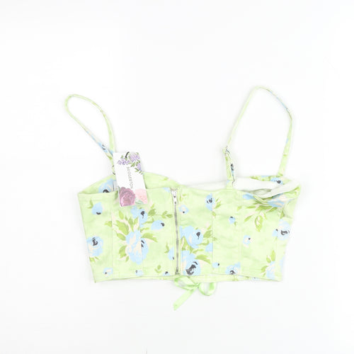 Stradivarius Women Green Floral Cropped Tank Top Size 8 Bridgerton