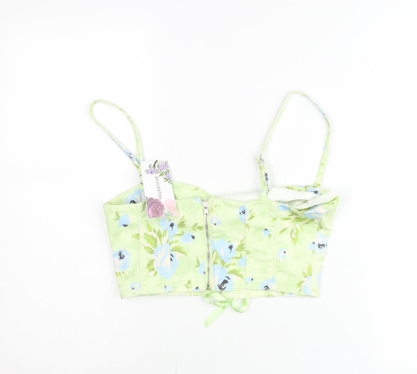 Stradivarius Women Green Floral Cropped Tank Top Size 8 Bridgerton