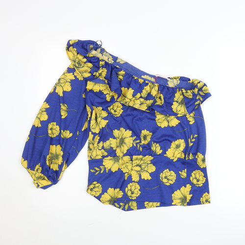Savida Womens Blue Yellow Floral One Shoulder Blouse Size 12