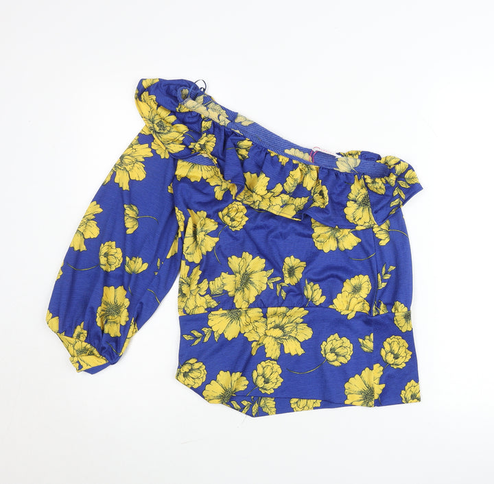 Savida Womens Blue Yellow Floral One Shoulder Blouse Size 12