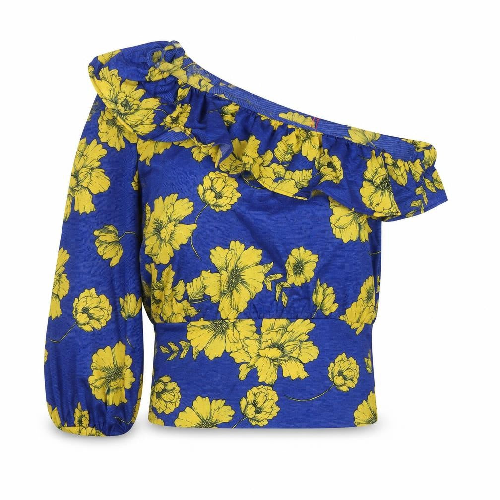 Front view of Savida women’s blue yellow floral one shoulder blouse, size UK 12