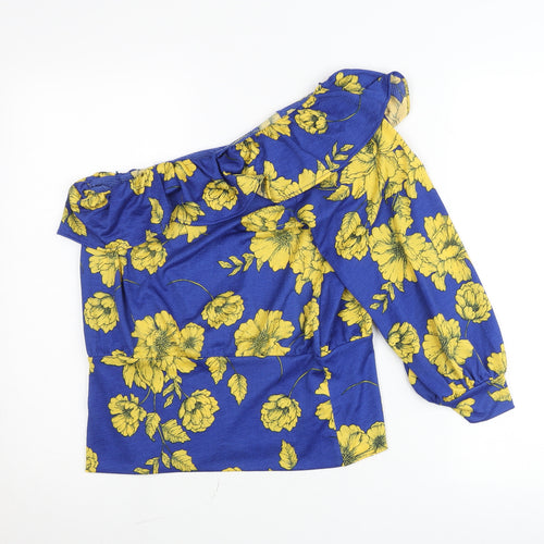 Savida Womens Blue Yellow Floral One Shoulder Blouse Size 12