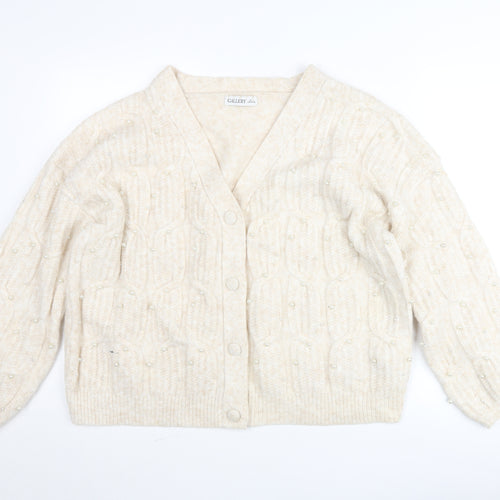 Gallery Women’s Beige Beaded Cable-Knit Cardigan Jumper Size L