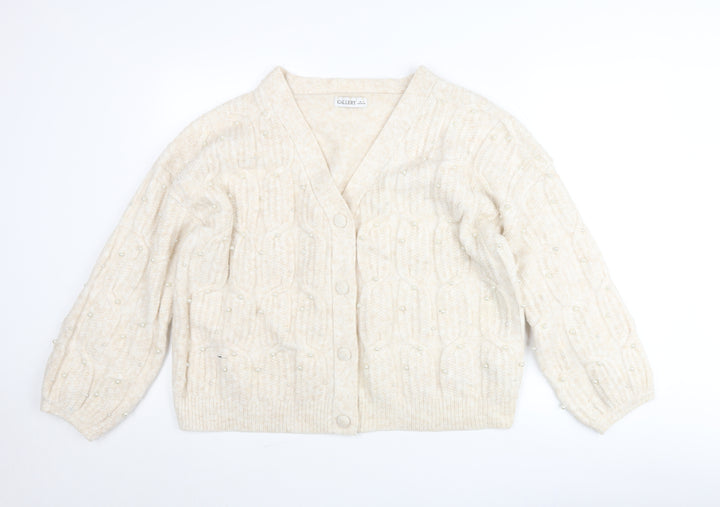 Gallery Women’s Beige Beaded Cable-Knit Cardigan Jumper Size L