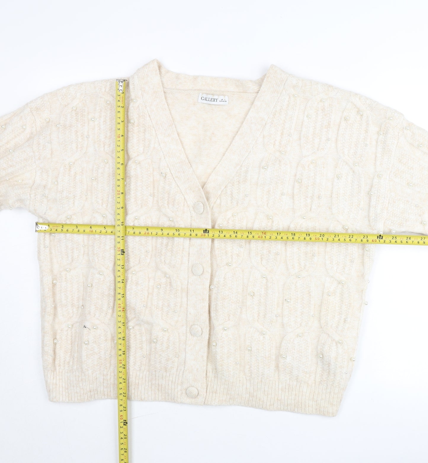 Gallery Women’s Beige Beaded Cable-Knit Cardigan Jumper Size L