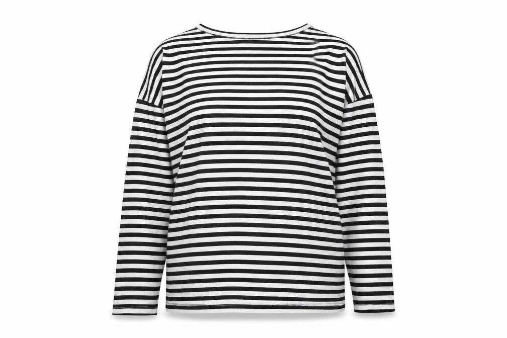 My Essential Wardrobe Women Black White Striped Boat Neck Blouse Size L