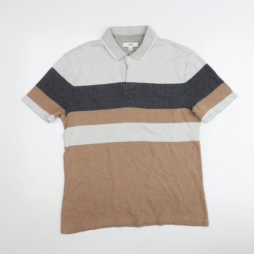 Marks and Spencer Mens Grey Brown Striped Polo Shirt Size S Regular Fit