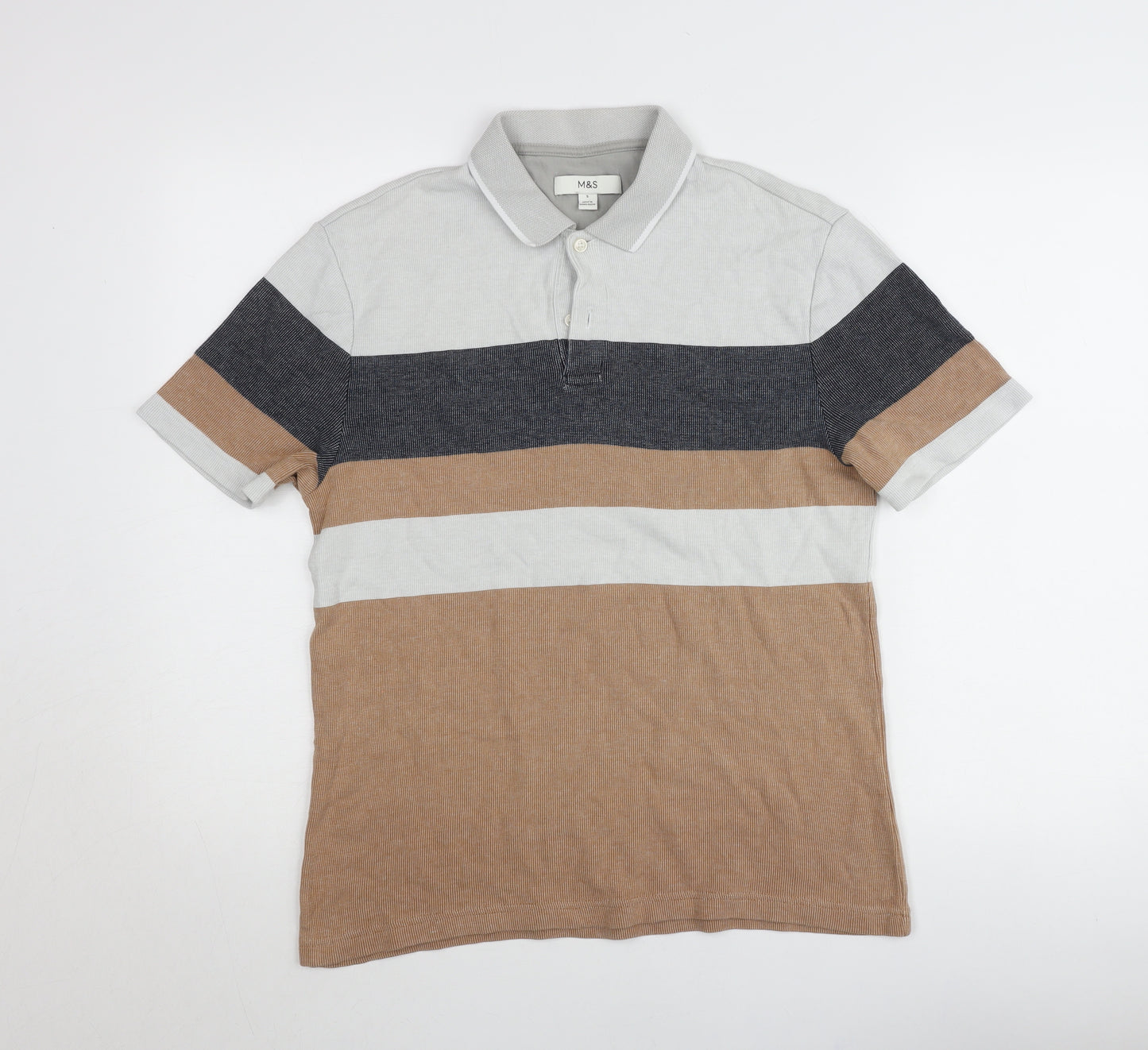 Marks and Spencer Mens Grey Brown Striped Polo Shirt Size S Regular Fit