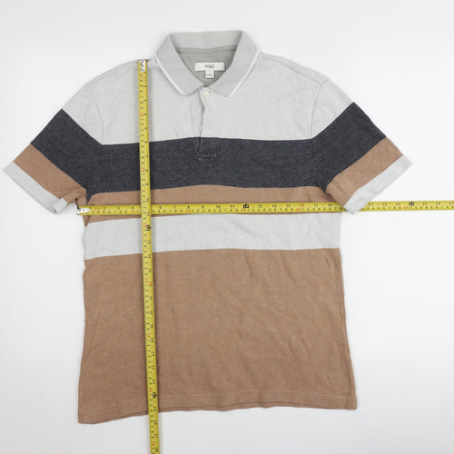Marks and Spencer Mens Grey Brown Striped Polo Shirt Size S Regular Fit