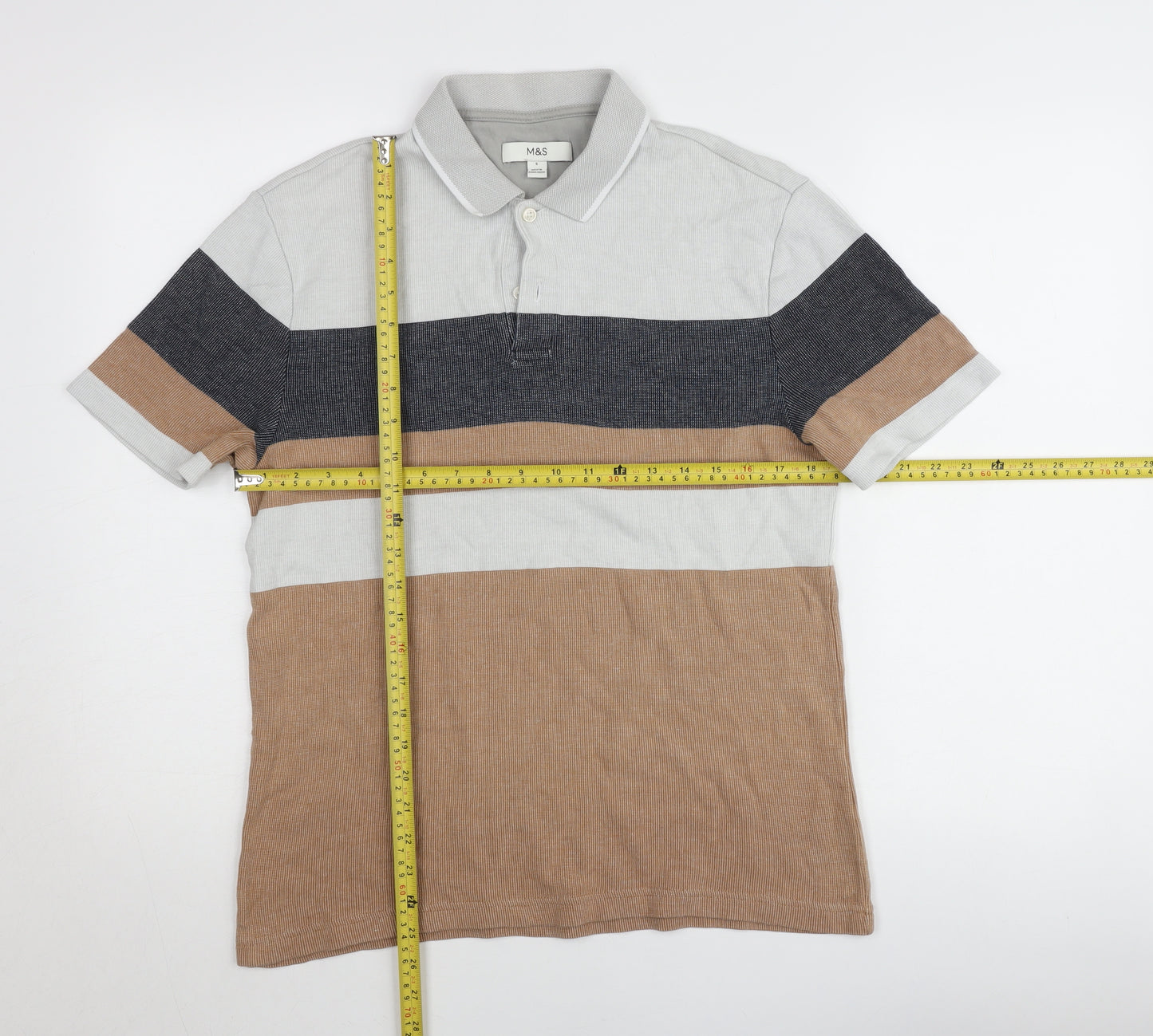 Marks and Spencer Mens Grey Brown Striped Polo Shirt Size S Regular Fit
