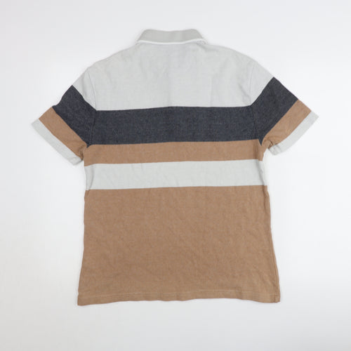 Marks and Spencer Mens Grey Brown Striped Polo Shirt Size S Regular Fit