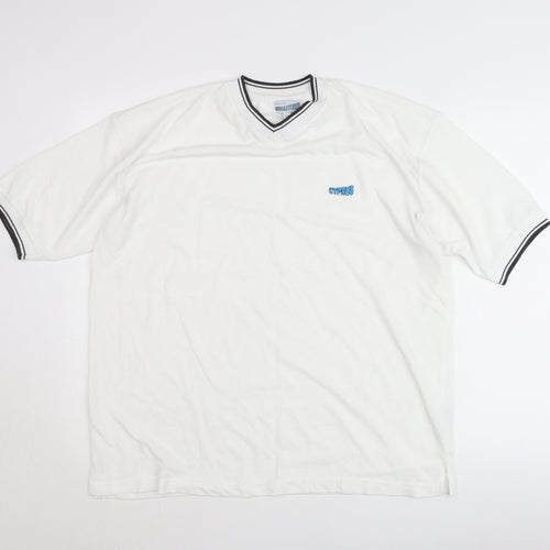 Megastores Men White L V-Neck Cyprus Logo T-Shirt Short Sleeve