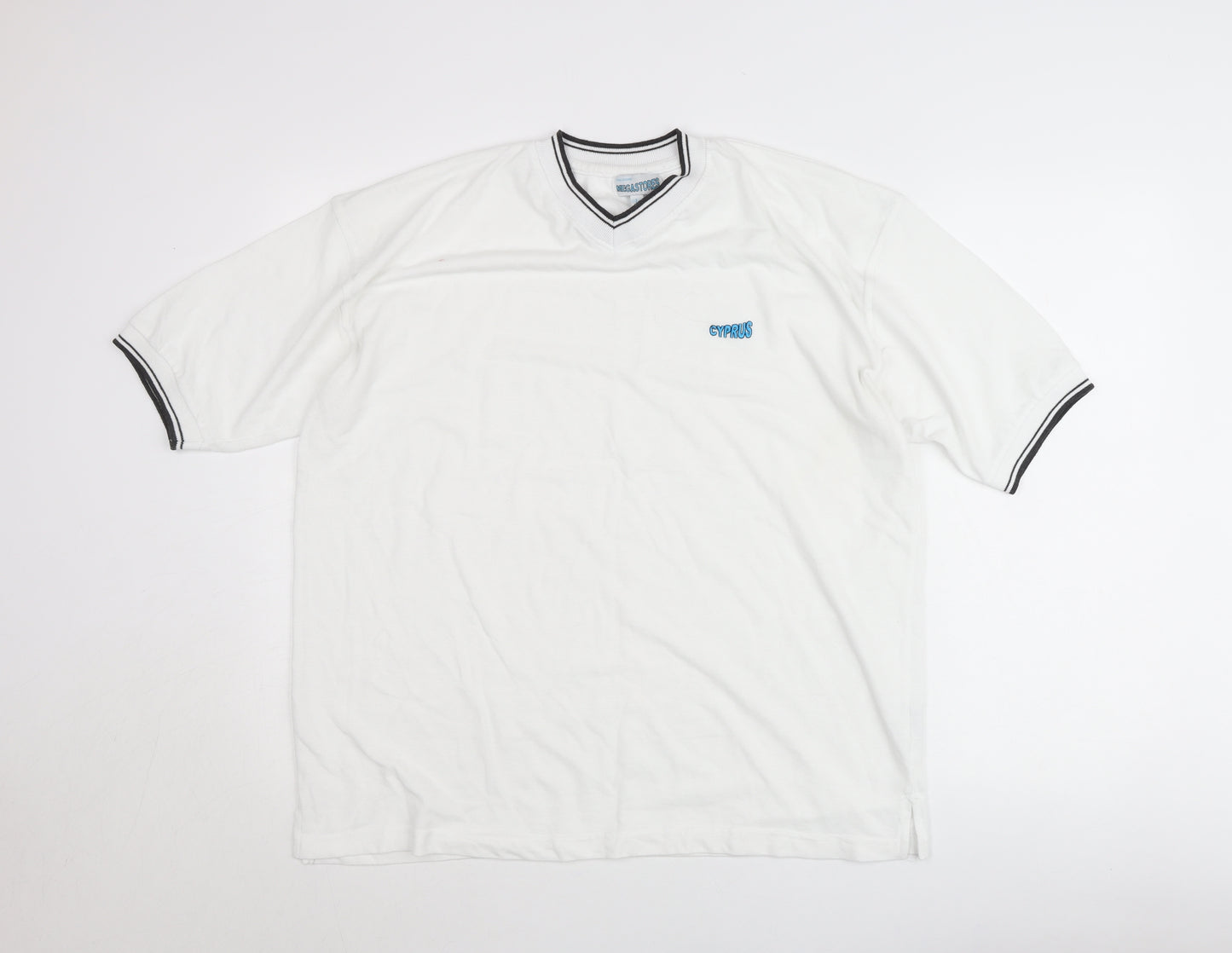Megastores Men White L V-Neck Cyprus Logo T-Shirt Short Sleeve