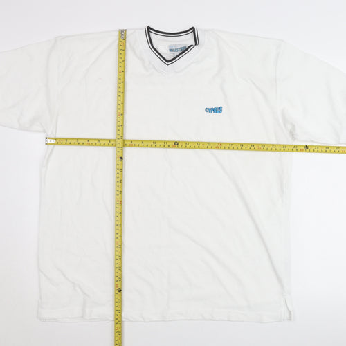 Megastores Men White L V-Neck Cyprus Logo T-Shirt Short Sleeve