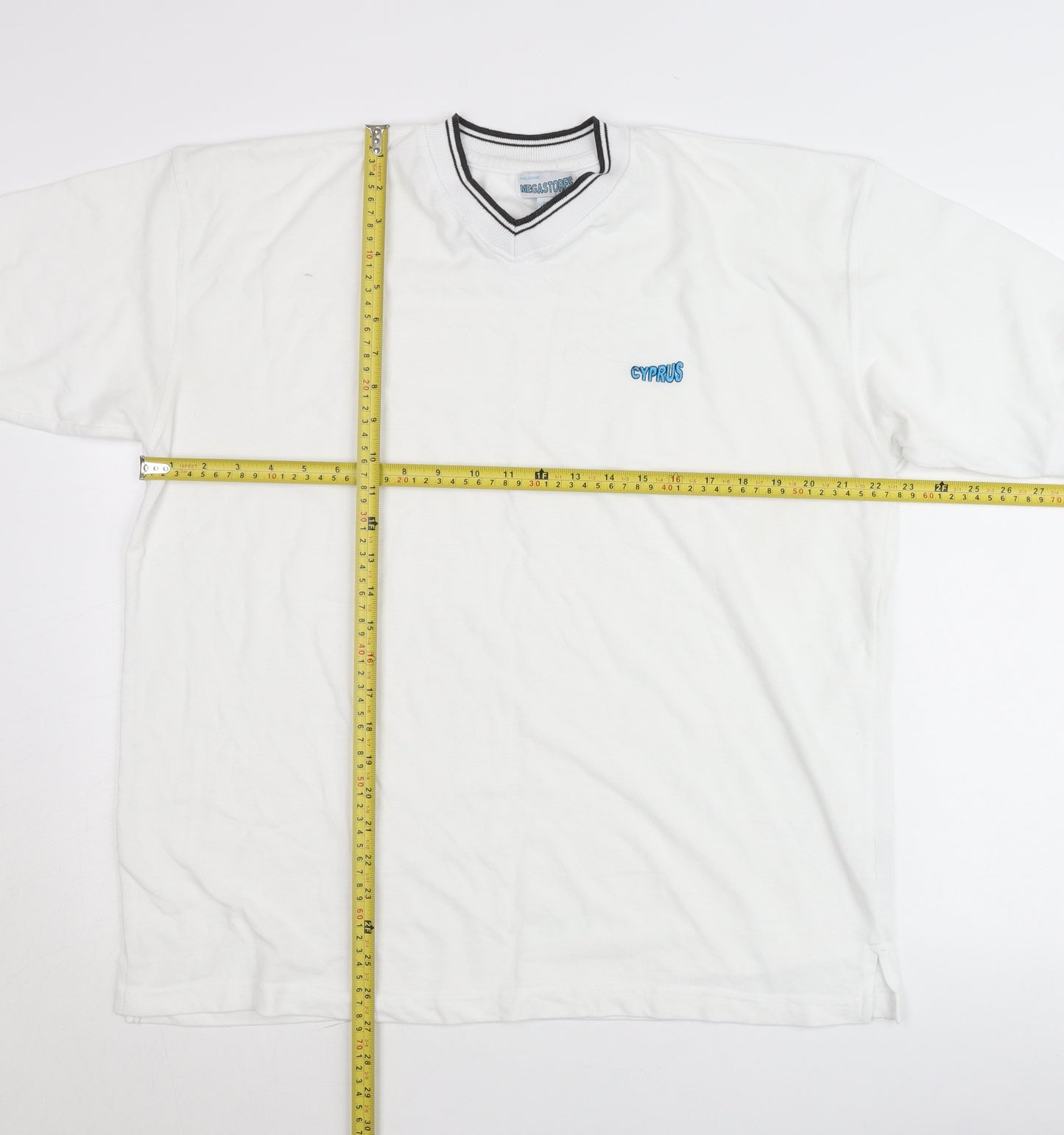 Megastores Men White L V-Neck Cyprus Logo T-Shirt Short Sleeve