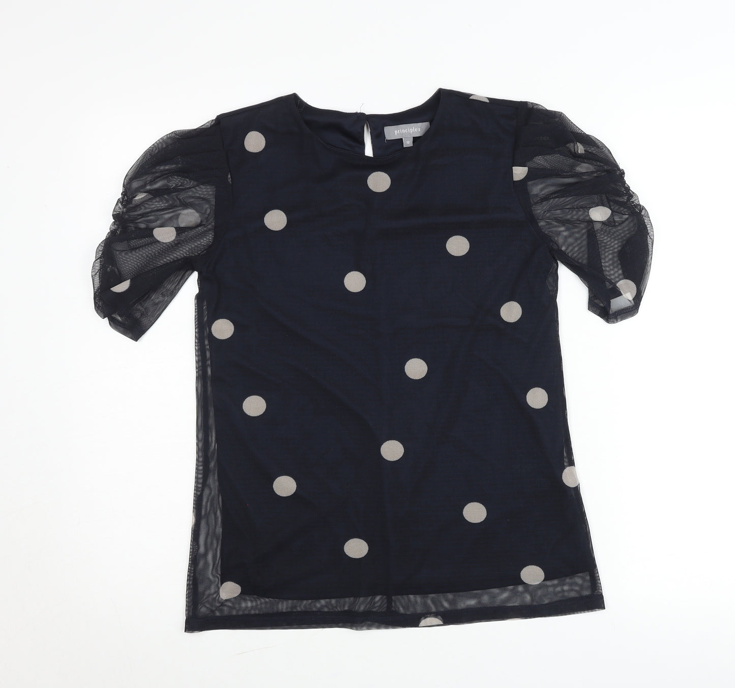 Principles Womens Black Polka Dot Blouse Size 10 Puff Sleeve
