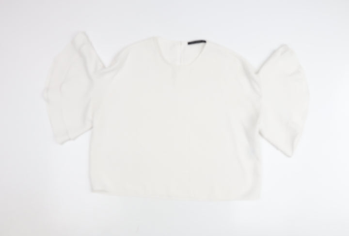 Zara Women White Cropped Blouse Flared Sleeve Size M