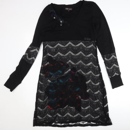 Frime Womens Black Multicoloured Lace Shift Dress Size L