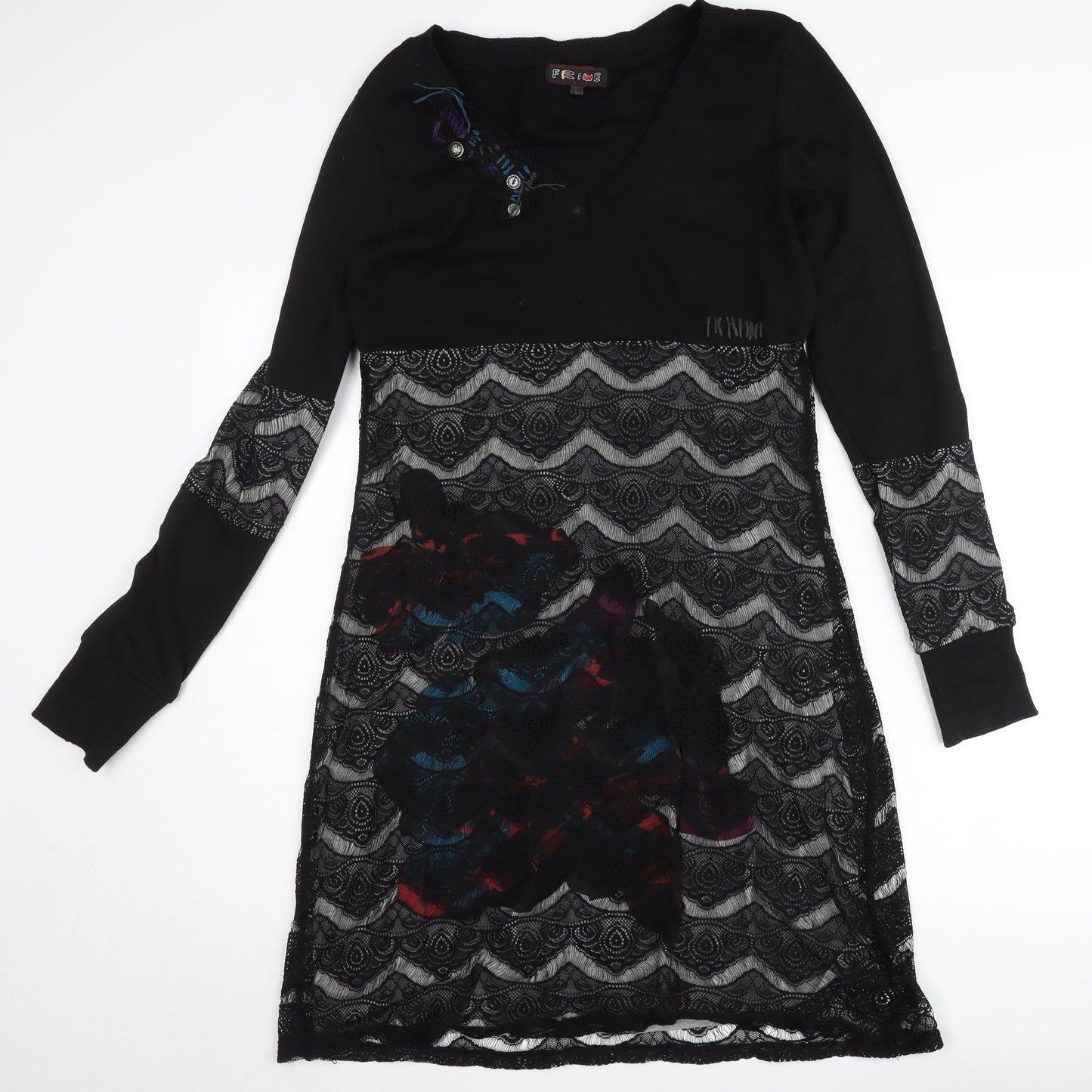 Frime Womens Black Multicoloured Lace Shift Dress Size L