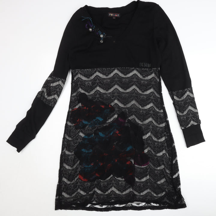 Frime Womens Black Multicoloured Lace Shift Dress Size L