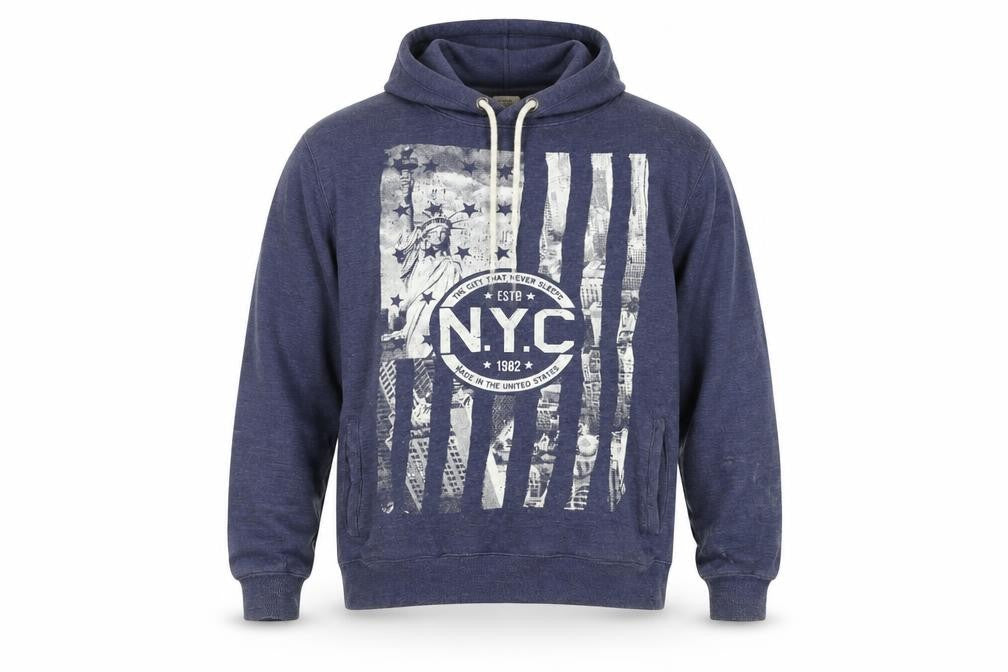 Front view of Cedarwood State Men’s Blue XL NYC Graphic Pullover Hoodie