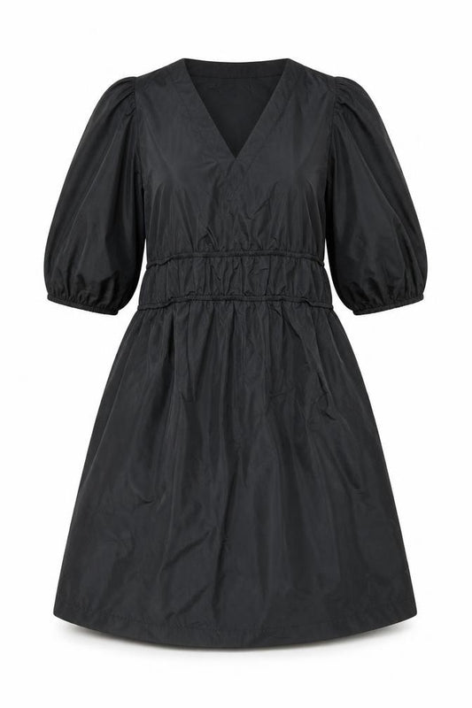 Front view of Carolyn Donnelly women’s black, size UK 12, a-line ruched puff sleeve dress