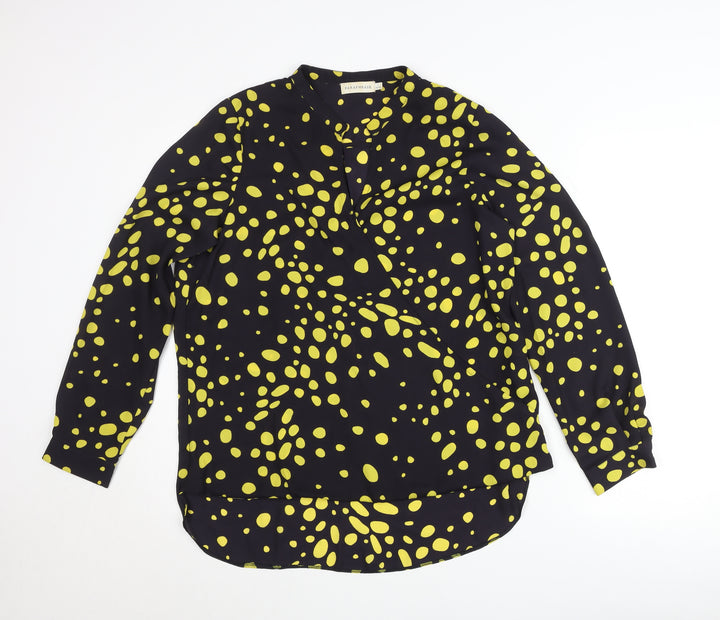 Paraphrase Women’s Black Yellow Polka Dot Blouse L 14 Tunic Long Sleeve