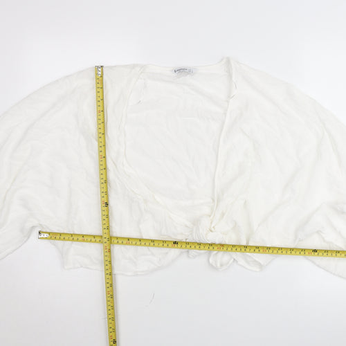 Stradivarius Women White Cropped Blouse Size 12 Viscose Boho Tie Top