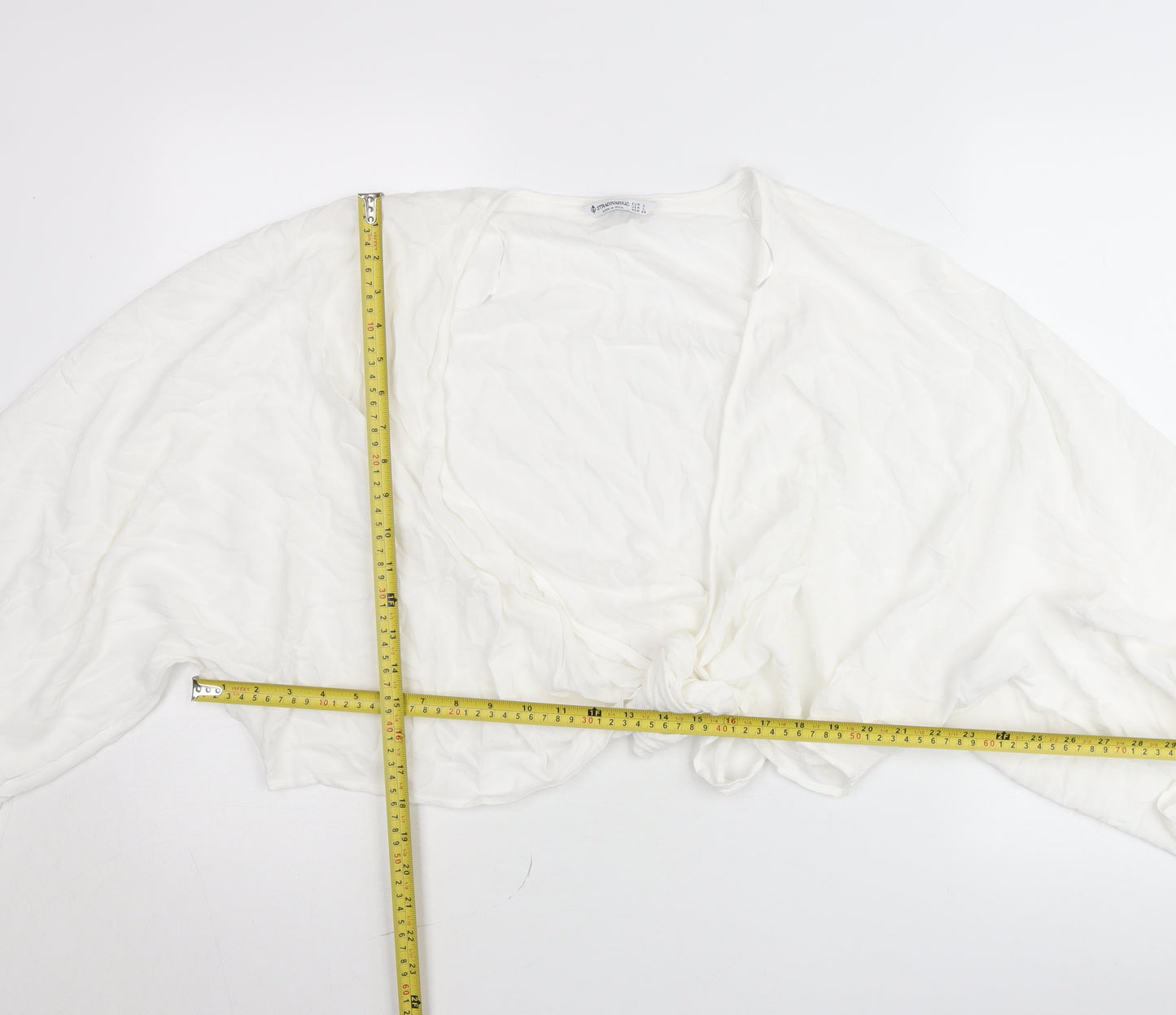 Stradivarius Women White Cropped Blouse Size 12 Viscose Boho Tie Top