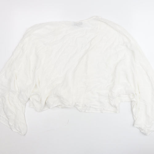 Stradivarius Women White Cropped Blouse Size 12 Viscose Boho Tie Top