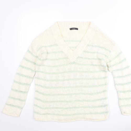Dunnes Women’s Ivory Green Striped V-Neck Pullover Jumper Size S