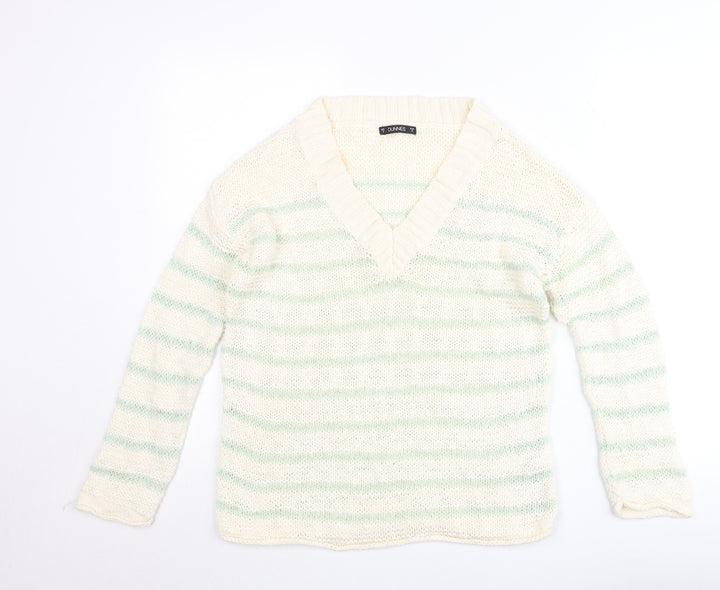 Dunnes Women’s Ivory Green Striped V-Neck Pullover Jumper Size S