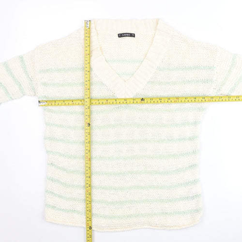 Dunnes Women’s Ivory Green Striped V-Neck Pullover Jumper Size S