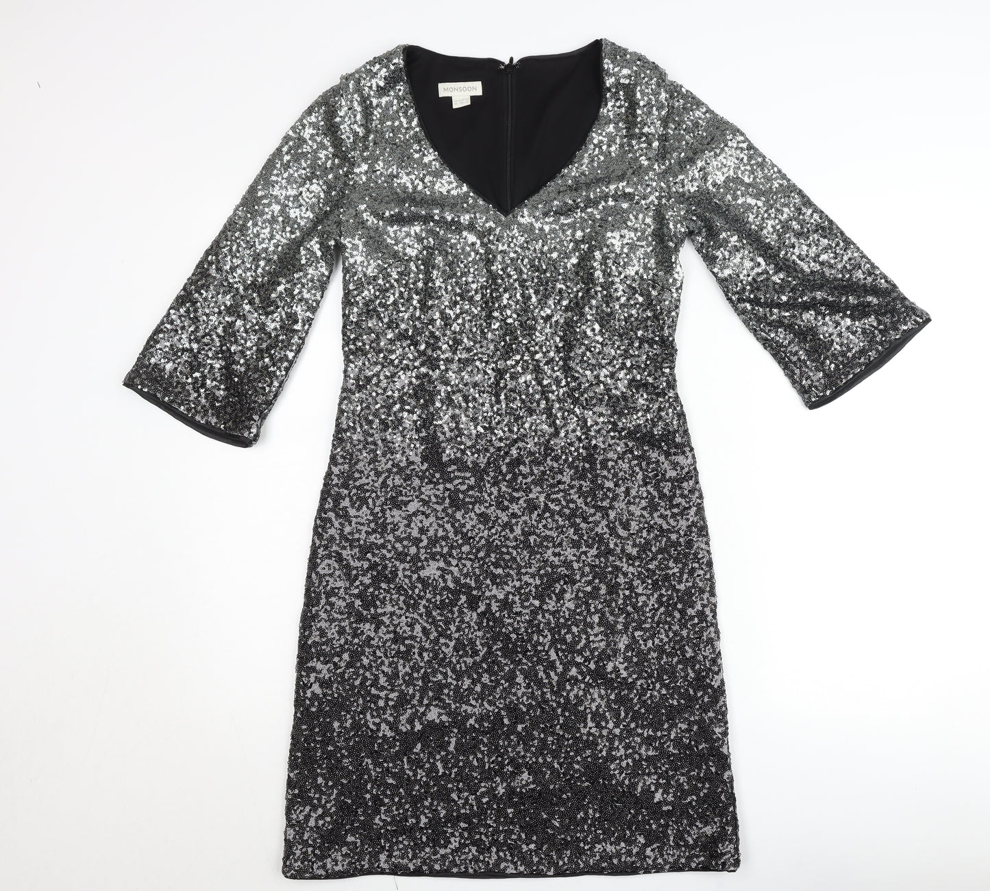 Monsoon Women’s Silver Sequin Sheath Party Dress UK 10 V-Neck