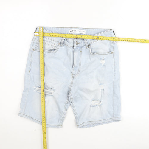 Bershka Women’s Blue Bermuda Denim Shorts Size 12 Distressed