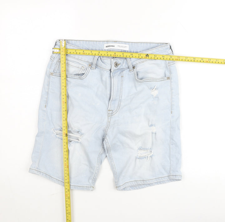 Bershka Women’s Blue Bermuda Denim Shorts Size 12 Distressed