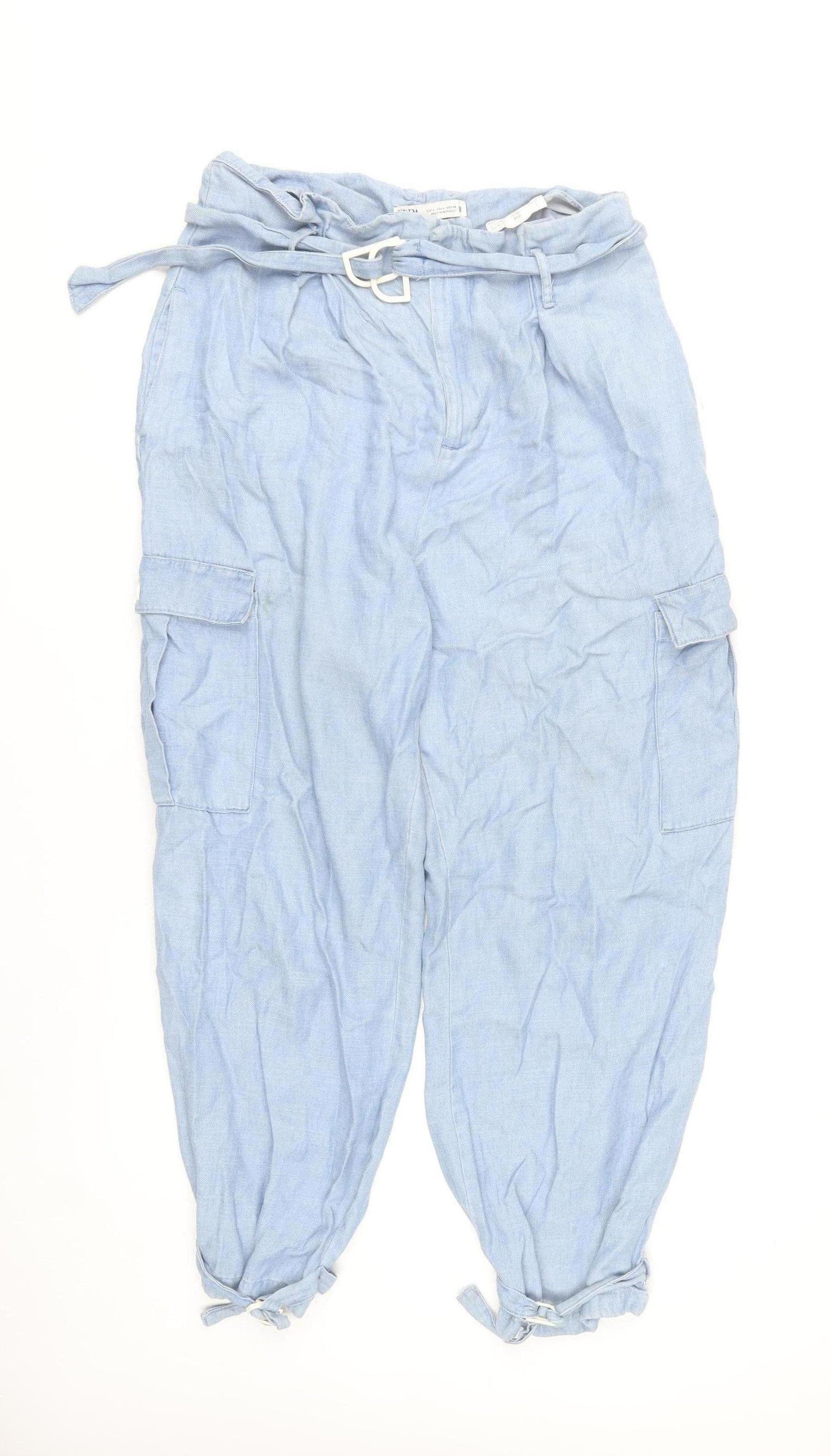 Zara Women’s Blue Cargo Trousers Size L Belted Cuffed Chambray