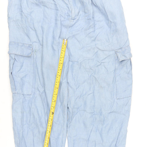 Zara Women’s Blue Cargo Trousers Size L Belted Cuffed Chambray