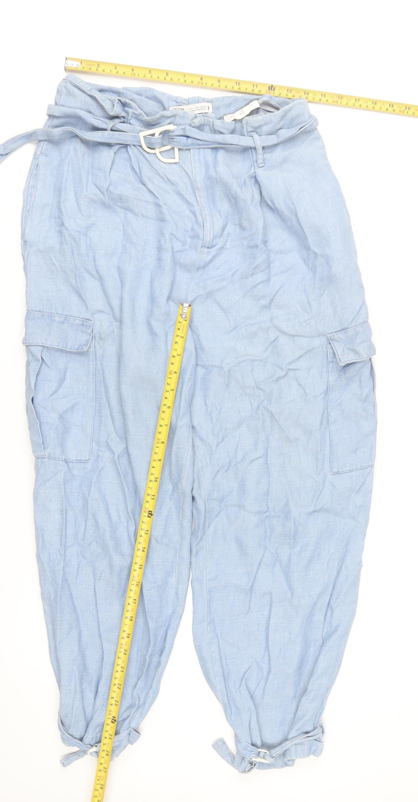 Zara Women’s Blue Cargo Trousers Size L Belted Cuffed Chambray
