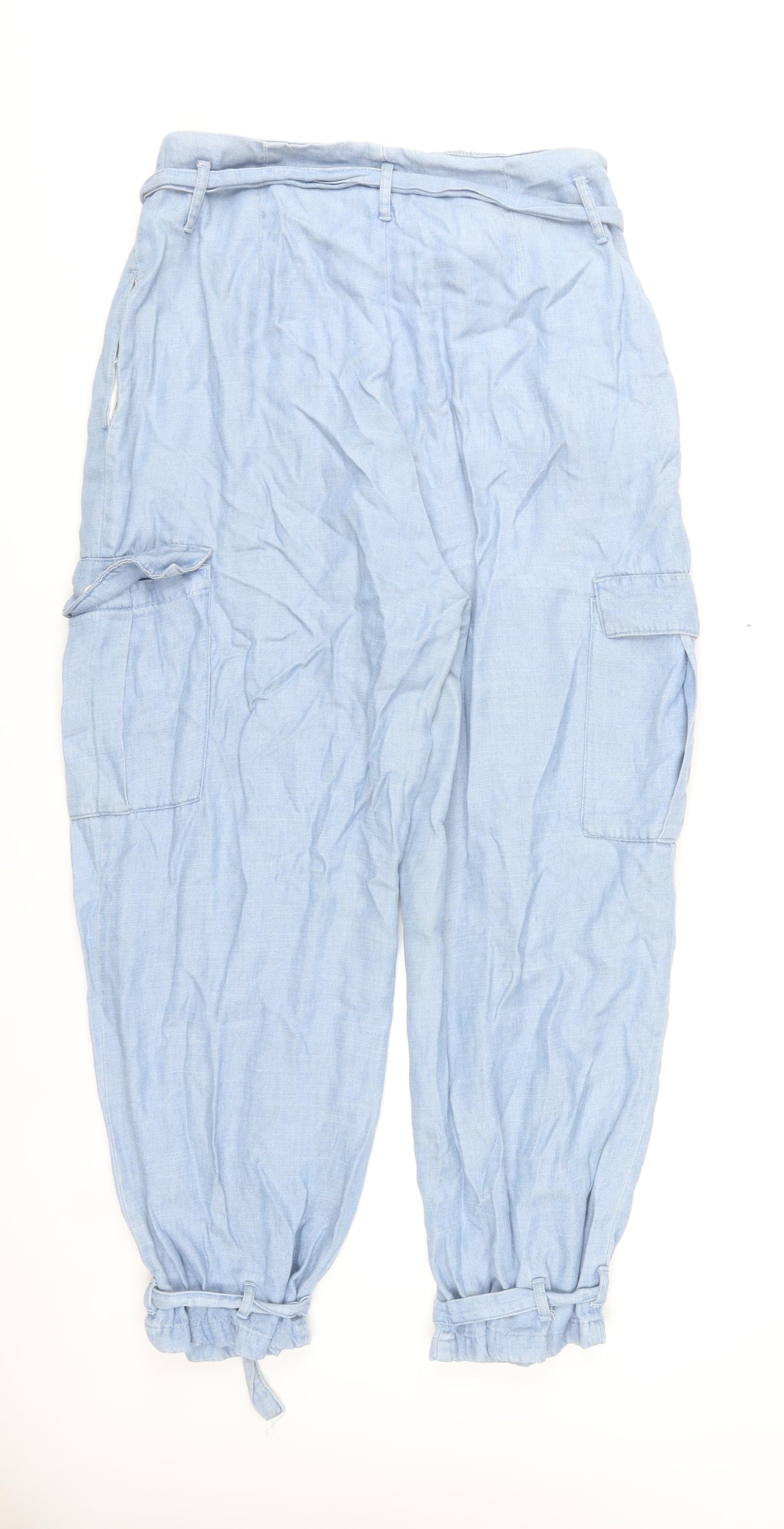 Zara Women’s Blue Cargo Trousers Size L Belted Cuffed Chambray