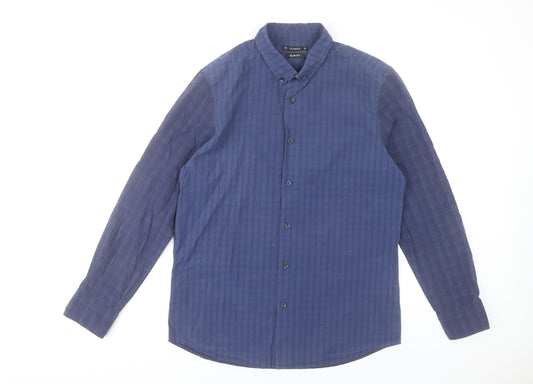 Front view of Dunnes Men's Blue Slim Fit Checked Button-Up Shirt Medium 38-40"