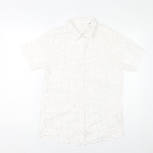 Mana Men’s White Polka Dot Cotton Short Sleeve Button-Up Shirt M