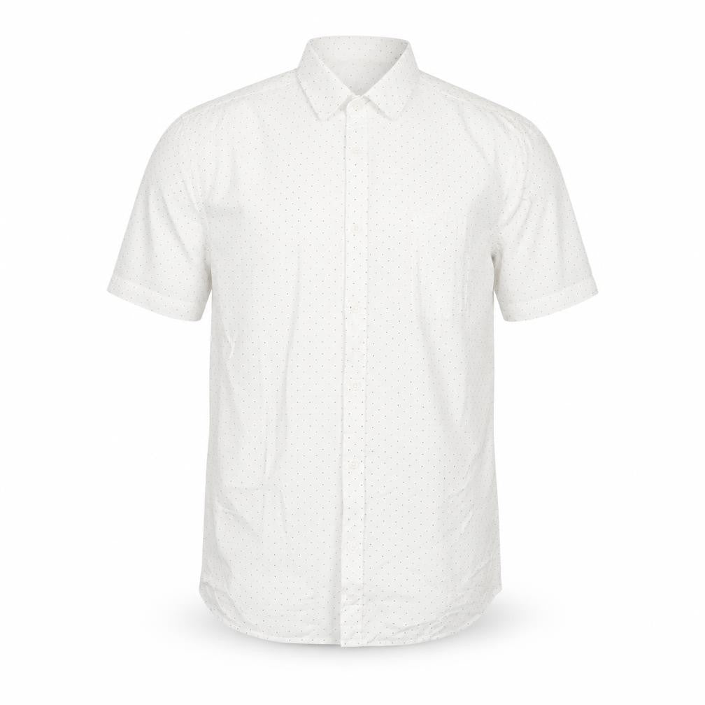 Front view of Mana Men’s White Polka Dot Cotton Short Sleeve Button-Up Shirt M